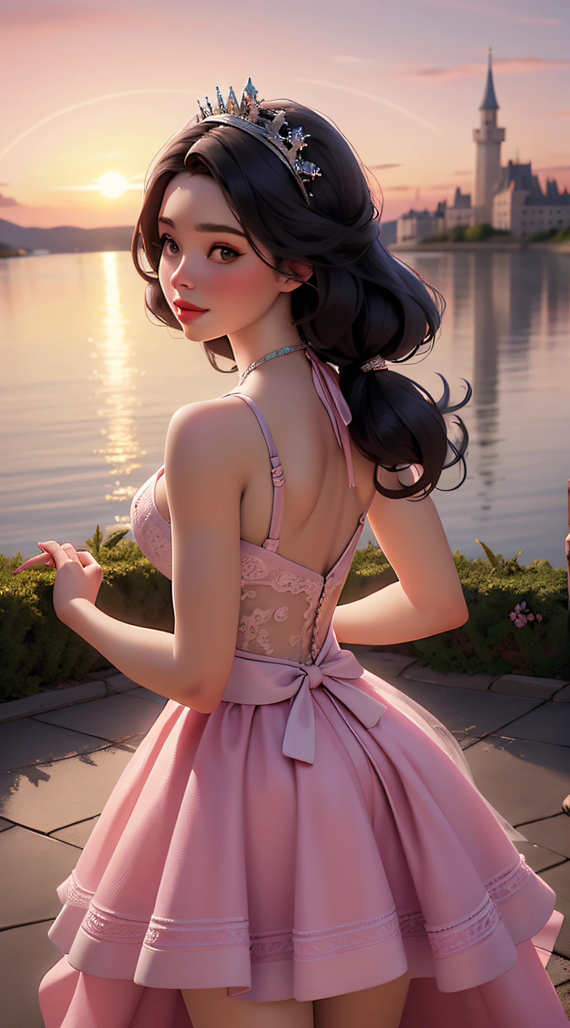 dynamische Beleuchtung, 3D-Modellkunst, Eine Barbie-Prinzessin in einem hübschen rosa Kleid, ((Sonnenaufgang)), The background is a grand castle amidst a magical Sonnenaufgang, Elemente der landschaftlichen Pracht der National Geographic-Landschaften übernehmen, Schöne Szene wird zum Leben erweckt, vom talentierten Alec Soth, Retina, anatomisch korrekt, Strukturierte Haut, preisgekrönt