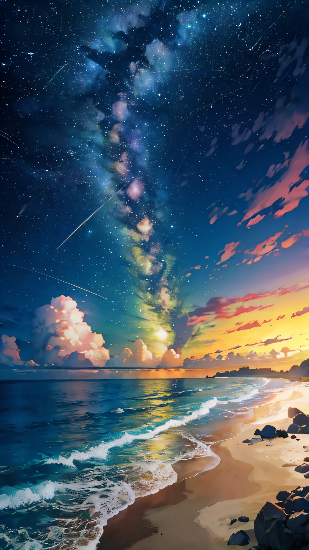 (zoom:1.1), (meteor shower:1.2), (comet:1.1), low angle, arora borealis, shooting star, top quality, masterpiece, clouds, colorful, southeast Asian beach, summer, seascape, small islands