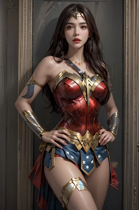 photorealistic, high resolution, 1women, solo, hips up, look at viewer, (detailed face), wonder woman costume, tattoo, jewelry
