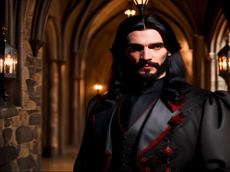 Photo of a handsome 35-year-old count Dracula walking through the halls of his Gothic-style stone castle, He has pale skin, ele tem cabelo preto, ele tem cabelo liso, ele tem cabelos longos na altura dos ombros, ele usa barba no estilo van, Ele tem olhos v...
