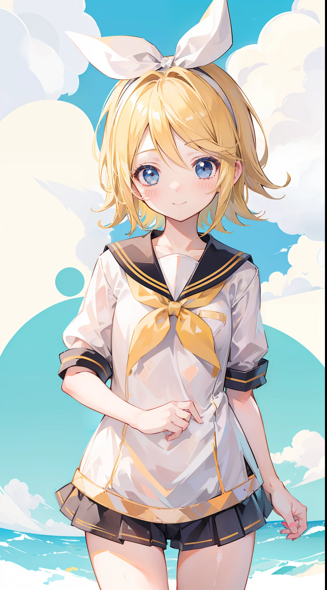 一人の女の子, (鏡音_また), 金髪, ショートヘア, 無実の, かわいい, セーラー服, カウボーイショット, 赤面, あなたを見て, 自然な笑顔