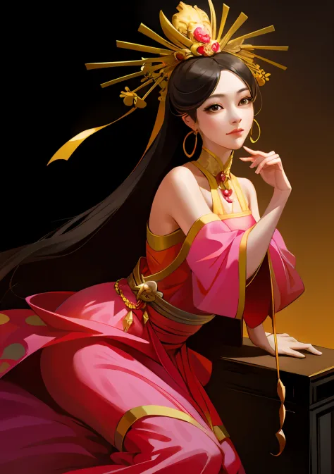 A painting of a woman in a yellow and pink dress, Princesa chinesa antiga, ancient chinese beauti, chinese empress, a beautiful ...