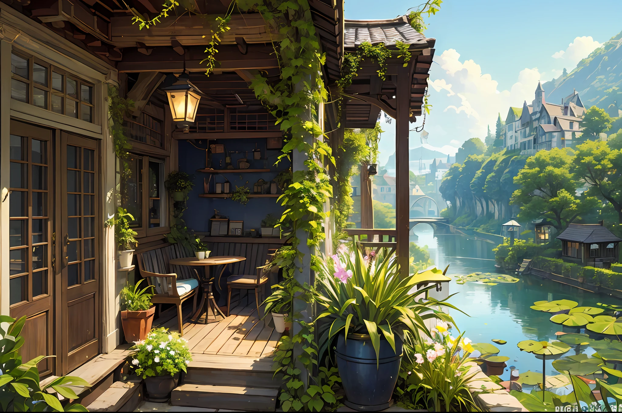 (micro-landscape:1.5),(best quality), ((masterpiece)), (highres), illustration, original, extremely detailed wallpaper, no humans, window, scenery, plant, water, potted plant, outdoors, building, door, house, flower pot, day, lily pad, chair, flower, table, stairs, watermark, hat, tree, sunlight, pond, grass, indoors, reflection, lamp, balcony, black headwear, bush, sky, railing, desk, open window, shelf, leaf, book, web address, copyright name, ladder, architecture, shadow, solo, dated, vines, vase, city, cafe, lantern, bucket, ruins, bench, shop, signature, moss, boat, barrel, river,