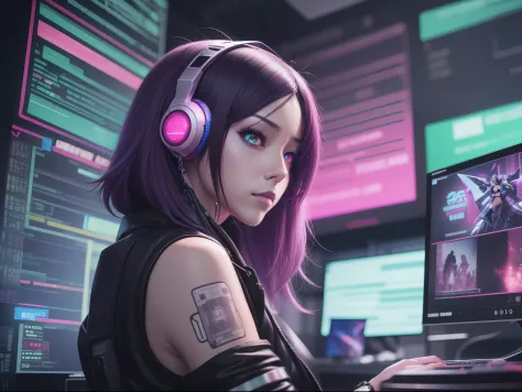 there was a man looking at a computer screen, digitl cyberpunk - anime art, digital cyberpunk anime art, cyber aesthetic, anime ...