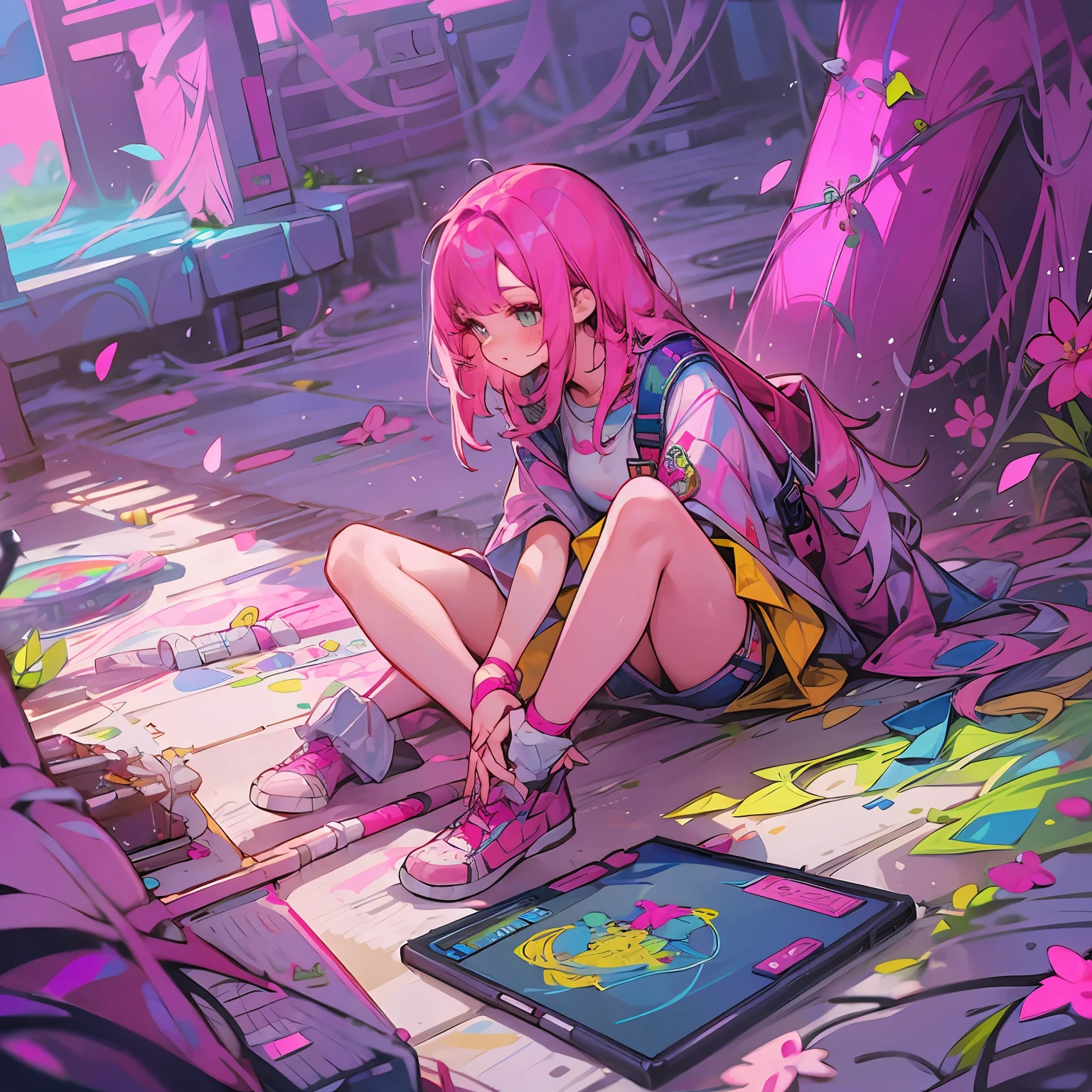女孩, 粉红色头发, 一个女孩坐在地上，在平板电脑上画画, 美丽的, 丰富多彩的, (看法), 特写