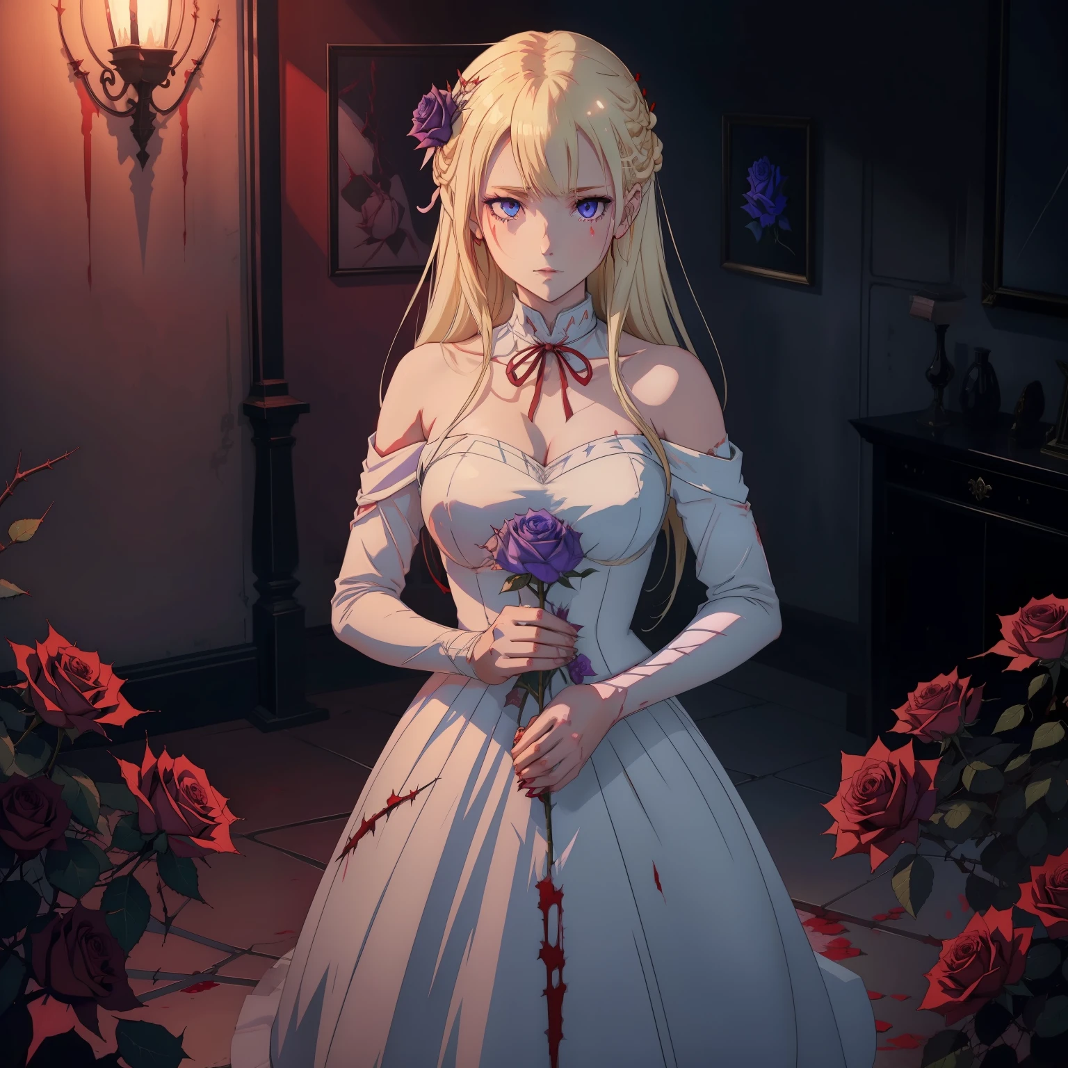 Light blonde haired anime girl with pale bluish violet colored eyes holding a thorny rose, thorns piercing the skin on her hand, bloody hands, blood trickling down her hand as she stands in a dark room with red ribbons alone