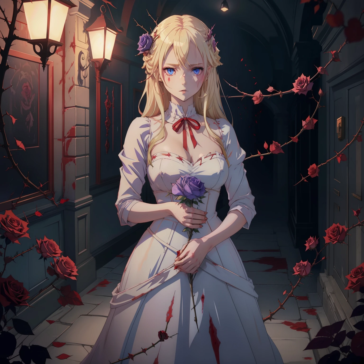 Light blonde haired anime girl with pale bluish violet colored eyes holding a thorny rose, thorns piercing the skin on her hand, bloody hands, blood trickling down her hand as she stands in a dark room with red ribbons alone