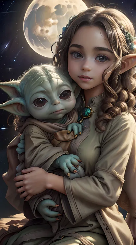 a beautiful human girl with curly brown hair holding a baby yoda in her lap, grogo, yoda guerra nas estrelas, art-station, .cgi_...