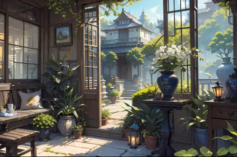 (micro-landscape:1.5),(best quality), ((masterpiece)), (highres), illustration, original, extremely detailed wallpaper, no humans, window, scenery, plant, water, potted plant, outdoors, building, door, house, flower pot, day, lily pad, chair, flower, table...