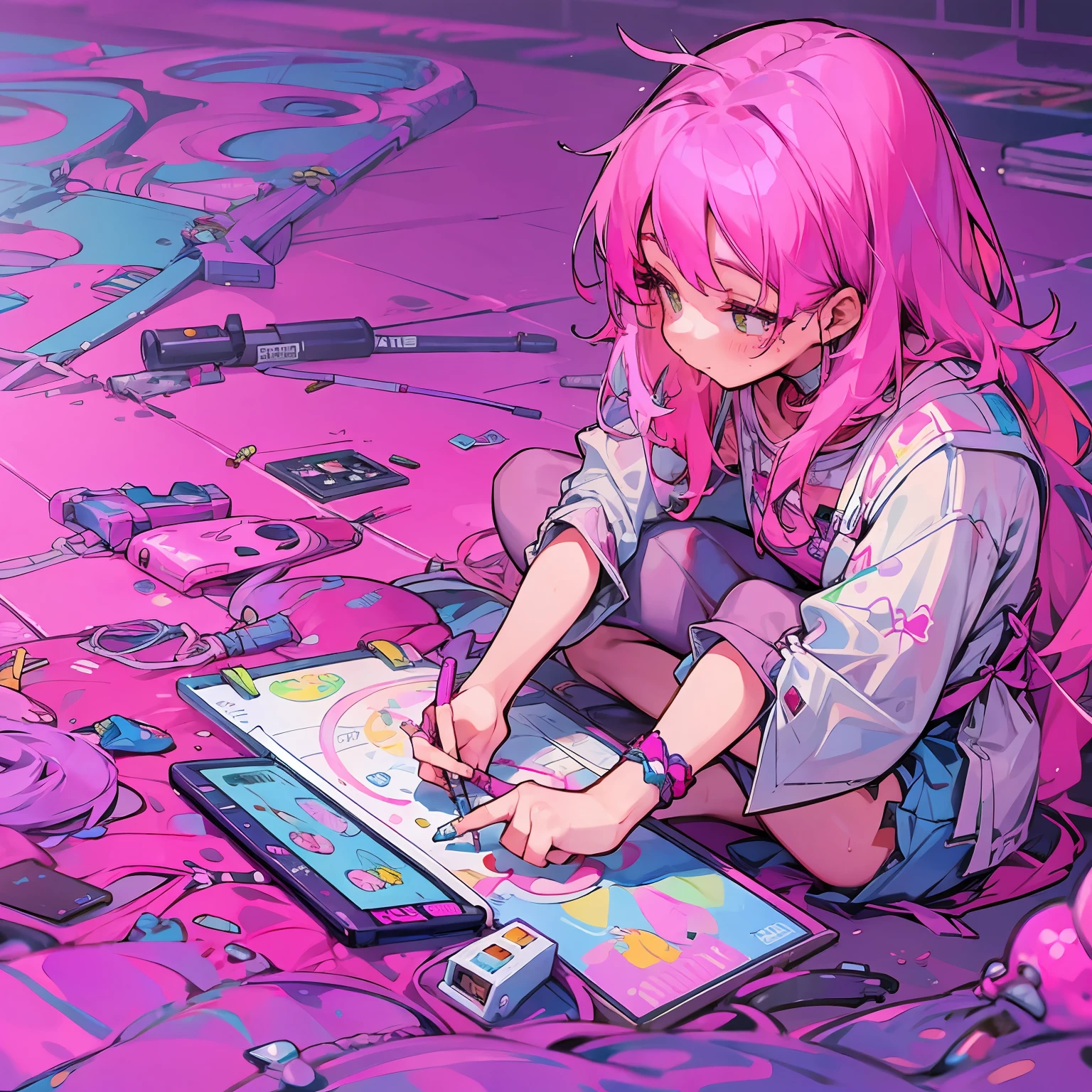 소녀, 분홍색 머리, 그래픽 태블릿에 그림을 그리며 바닥에 앉아있는 소녀, 아름다운, 화려한, (관점), 확대