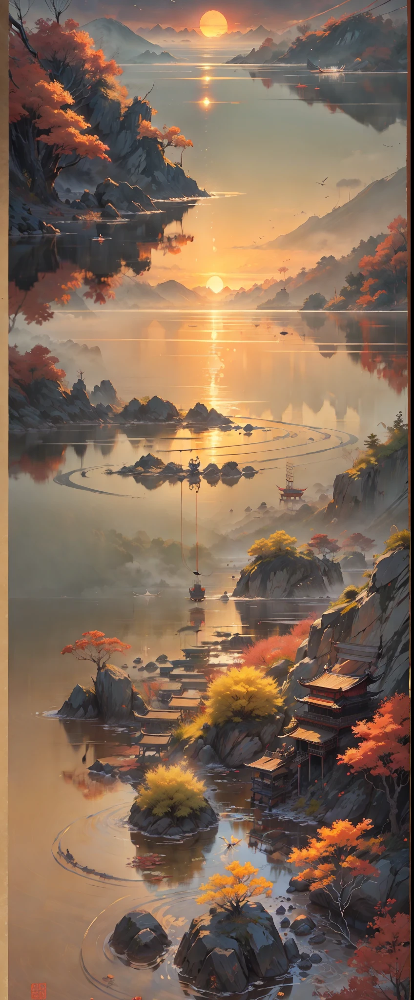 China หมึก painting，หมึก，พระอาทิตย์ตกและนกกระเรียนเดี่ยวบินไปด้วยกัน，น้ำในฤดูใบไม้ร่วงก็เหมือนกันมาเป็นเวลานาน，บทกวีโบราณมีความงดงาม