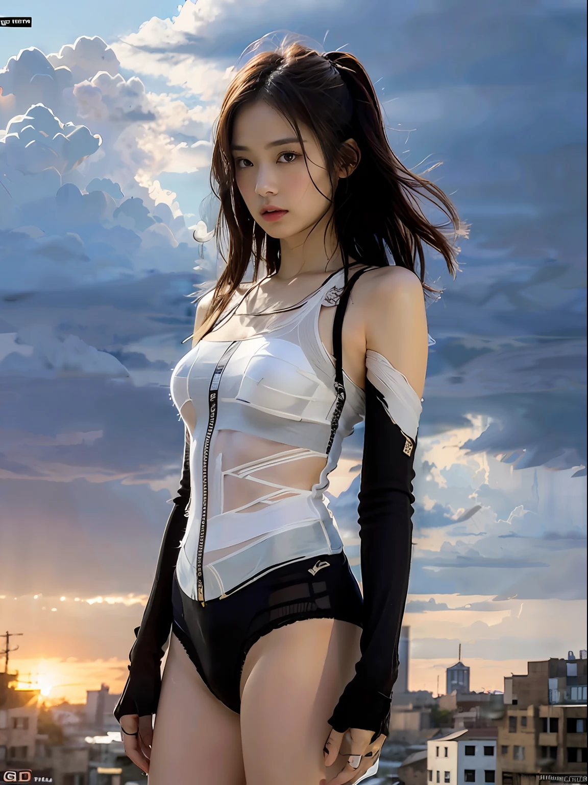 (1girl:1.3), solo,__body-parts__, Jennie face shape，Doomsday wasteland style，knit，erogenous，bandage，Dusty sky，violent storm，earth，Gray tones， 8K resolution image，Intricately symmetrical details。The whole picture goes on and on，heroic look，Mainly a female standing full-body，The movements are smooth，The complete picture of the confident look。