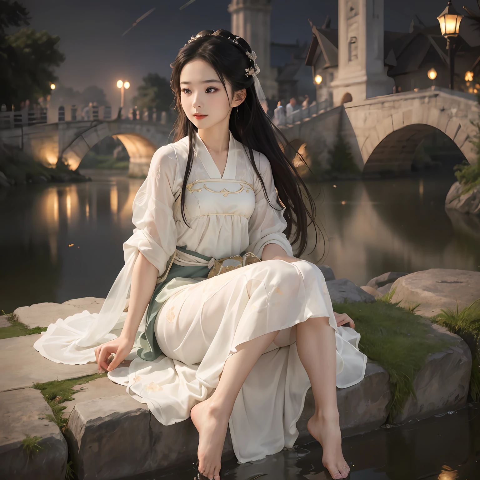 Sit on a stone bridge by the river， florals，Lanterns，Big wind，  Long hair to the waist, （Long hair flying: 1.6），Large bust， Don costume, Han clothing. (((Night: 1.9)))，ssmile,shyexpression，Tulle translucent Hanfu, Bare feet, silver trinkets, Lightweight, self-assured, Artistry, Beauty, (Best quality), Masterpiece, high light, (Original), extremelydetailedwallpaper, (Original: 1.5), (Masterpiece: 1.3), (high resolution: 1.3), (Very detailed 32k wallpaper: 1.3), (Best quality), Highest image quality, exquisite CG, High quality, High completion rate, Depth of field, (1 girl: 1.5), (An extremely delicate and beautiful girl: 1.5), (Perfect full body detail: 1.5), Beautiful and delicate nose, Beautiful and delicate lips, Beautiful and delicate eyes, (Clear eyes: 1.3), Beautiful and delicate facial features, Beautiful and delicate face, Hand processing, Hand optimization, Hand detail optimization, Handmade details, Beautiful clothes down to the smallest detail, Complex details, extreme detail portrayal, hdr, Detailed background, Realistic,1girll,Girl,Chinese art,Super long legs,Hanfu,is shy,Shy,Chinese clothes,Hanfu，legs separated