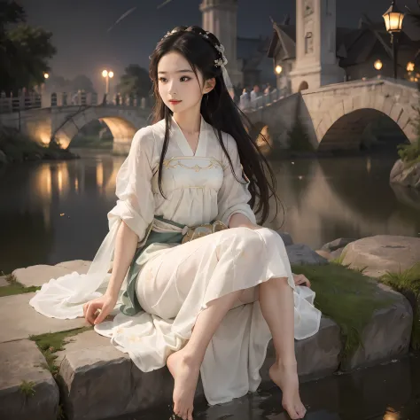 Sit on a stone bridge by the river， florals，Lanterns，Big wind，  Long hair to the waist, （Long hair flying: 1.6），Large bust， Don ...