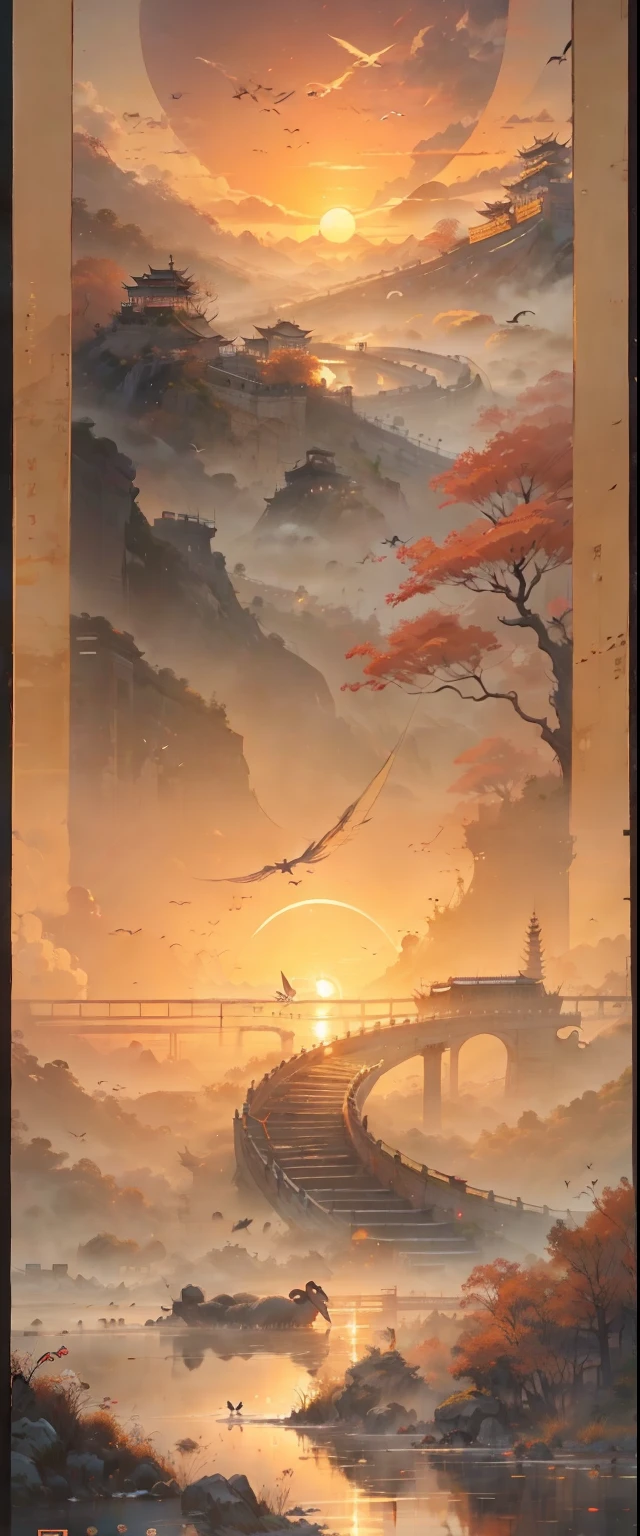 Chinesische Tuschmalerei，ink，Der Sonnenuntergang und der einsame Kranich fliegen zusammen，Das Herbstwasser ist lange Zeit dasselbe，Die Schönheit der antiken Poesie，die untergehende Sonne，Wildgänse am Himmel in der Ferne，Alte Gebäude sind verstreut
