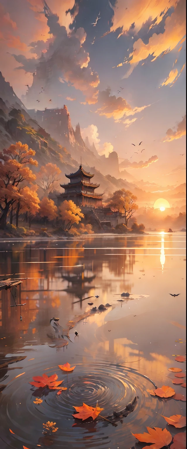 China 墨水 painting，墨水，夕陽與孤鶴共飛，秋水長久不變，古詩詞之美，夕陽，遠處天空中的大雁，古建築錯落有致