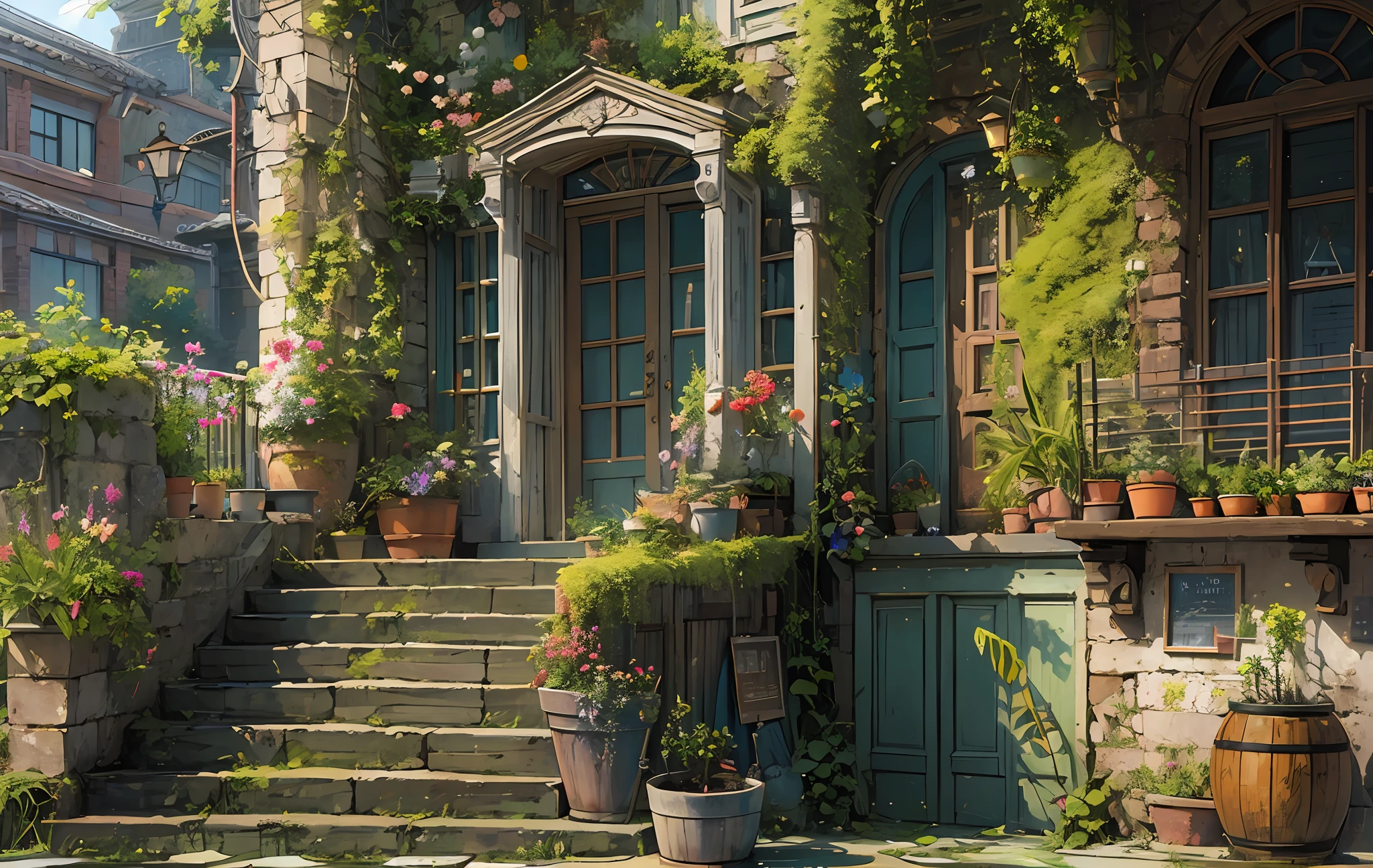 (micro-landscape:1.5),(best quality), ((masterpiece)), (highres), illustration, original, extremely detailed wallpaper, no humans, window, scenery, plant, water, potted plant, outdoors, building, door, house, flower pot, day, lily pad, chair, flower, table, stairs, watermark, hat, tree, sunlight, pond, grass, indoors, reflection, lamp, balcony, black headwear, bush, sky, railing, desk, open window, shelf, leaf, book, web address, copyright name, ladder, architecture, shadow, solo, dated, vines, vase, city, cafe, lantern, bucket, ruins, bench, shop, signature, moss, boat, barrel, river,