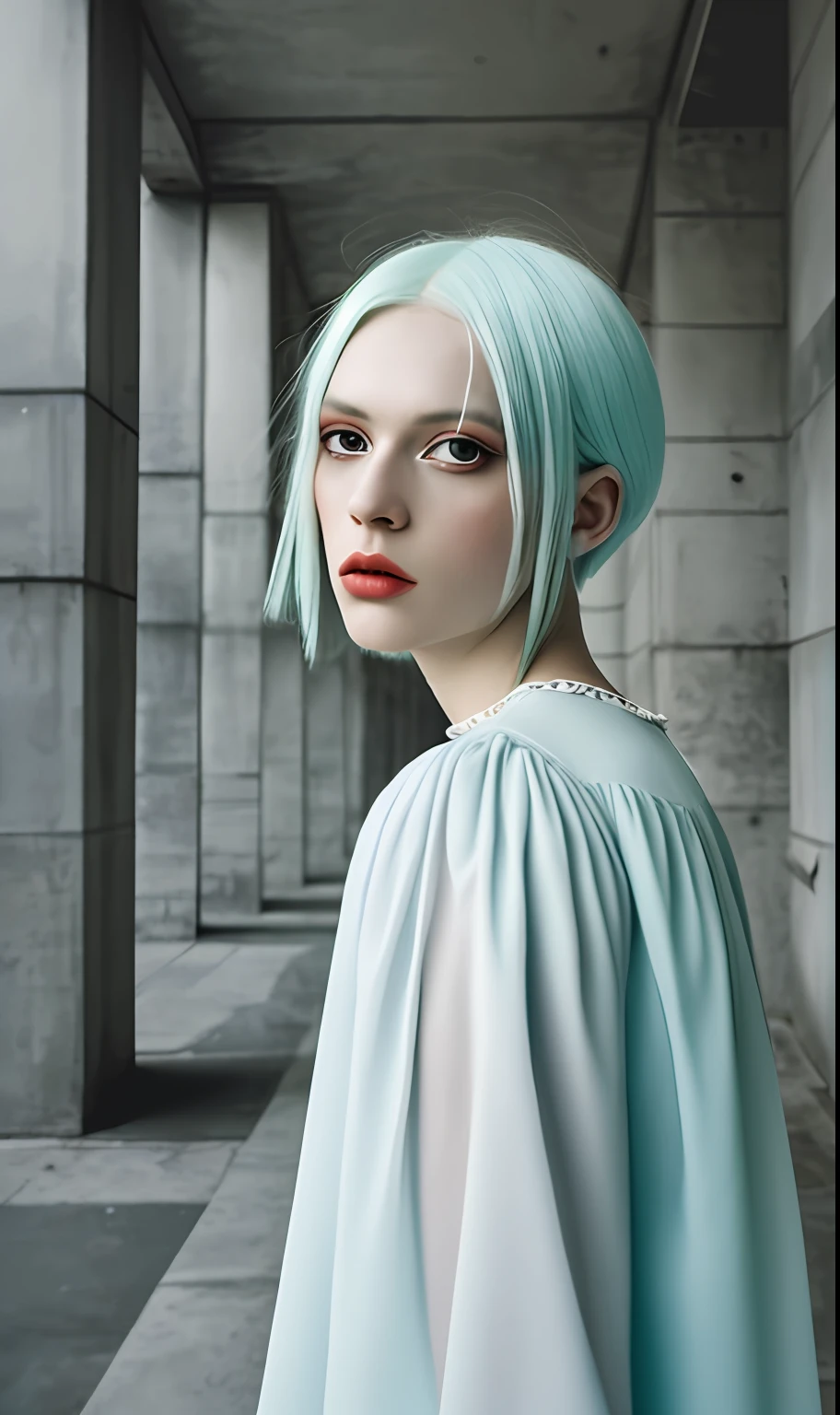 portrait of haute couture beautiful albino european fashion model with pale blue hair, ethereal dreamy foggy, photoshoot by Alessio Albi , editorial Fashion Magazine photoshoot, fashion poses, in front of brutalist building architecture. Kinfolk Magazine. Film Grain, BREAK film photoshoot, hazy background, smoky,film photo,,film grain,vintage photo with film grain