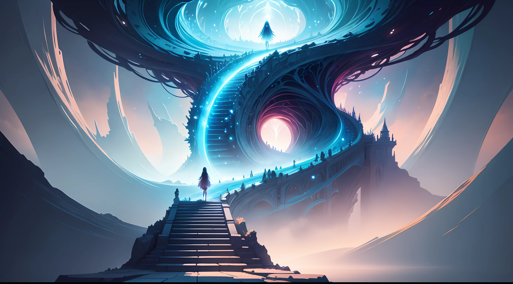 a woman walking up a flight of stairs in the sky, concept art inspired by Cyril Rolando, tumblr, fantasy art, dreamy art, painting of a dreamscape, she is approaching heaven, she is arriving heaven, dream scenery art, in the astral plane ) ) ), leading to a beautiful, fantasy and dreams vibes, fantasy surrealism, surreal dreamscape, beautiful fantasy painting --auto