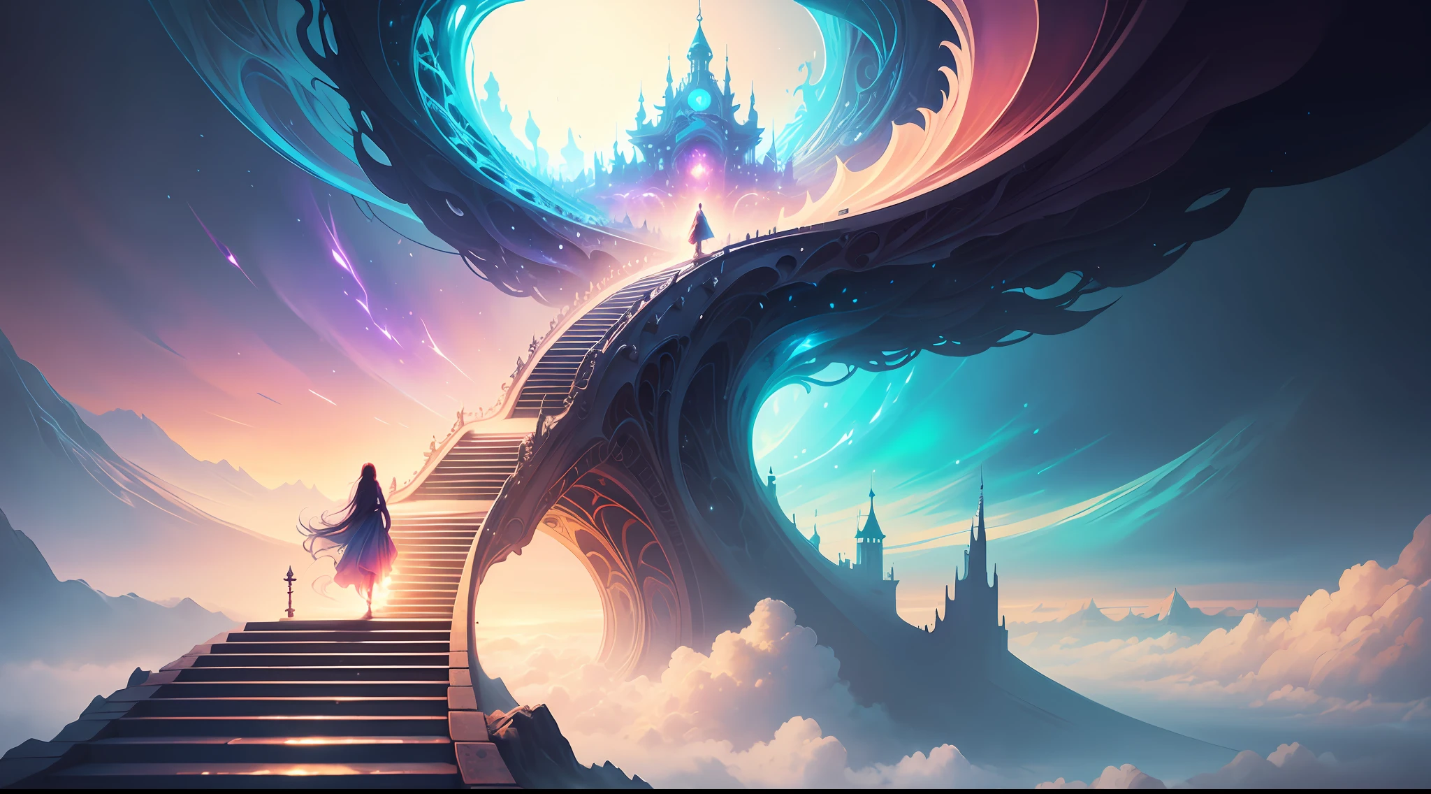 a woman walking up a flight of stairs in the sky, concept art inspired by Cyril Rolando, tumblr, fantasy art, dreamy art, painting of a dreamscape, she is approaching heaven, she is arriving heaven, dream scenery art, in the astral plane ) ) ), leading to a beautiful, fantasy and dreams vibes, fantasy surrealism, surreal dreamscape, beautiful fantasy painting --auto