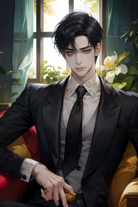A handsome man sit on luxurious sofa in luxurious livingroom, very short black hair, forehead hair, yellow eyes, mansion, unbutton shirt, reveal smooth abs, thin, perfect body, hold paper in one hand, wristwatch, moonlight outside window, dark, villain vib...