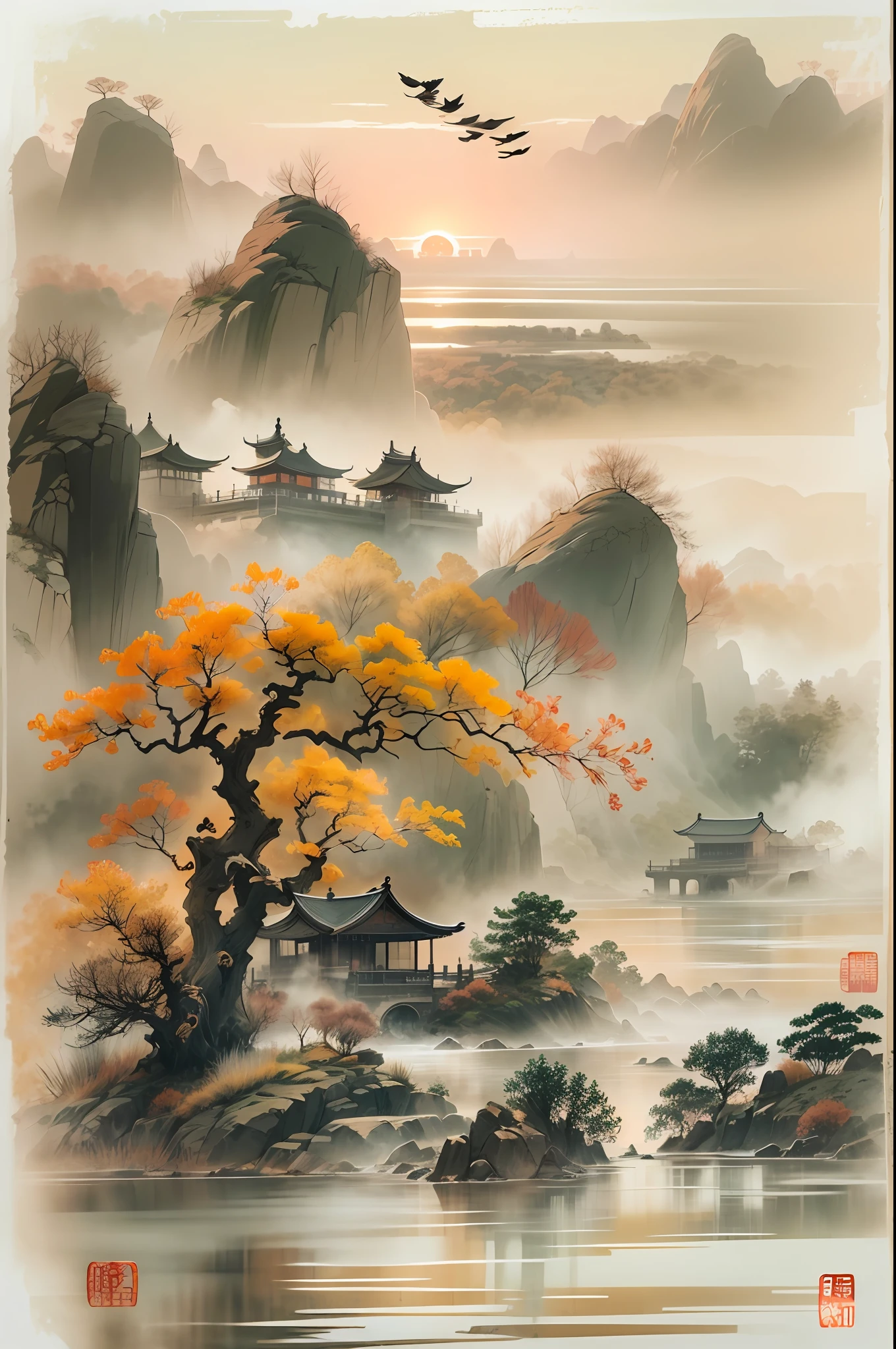 China 墨水 painting，墨水，夕陽，遠處天空中飛翔的大雁，秋水長久不變，古詩詞之美，
