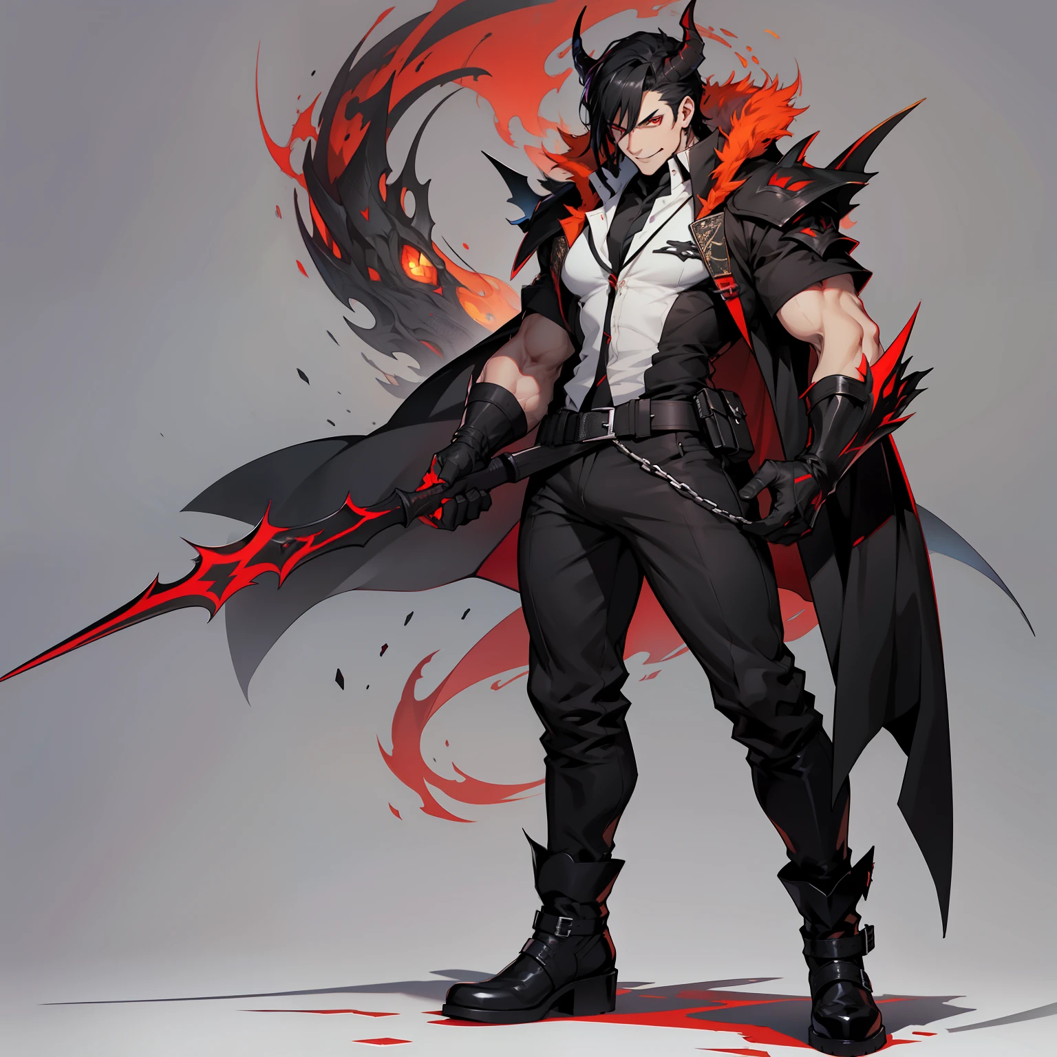 Valus is an ordinary demon standing at 1.75m tall. He has short black hair and red eyes. His skin is pale. He wears a black uniform with a white shirt underneath and black boots. Big bulge in pants. Flirty smile