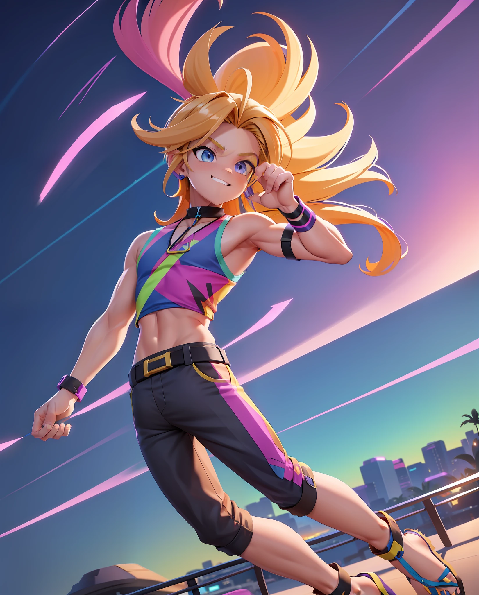 Belk, Male, long blonde hair flying in all directions, dressed in rave sleeveless shirt with straps and pants with a purple wrap and heeled sandals, color palate vivid blue silver black maroon gold and lime green,  , outside at sunset mountains in background, feathered wings, on a city street, masterpiece, best quality