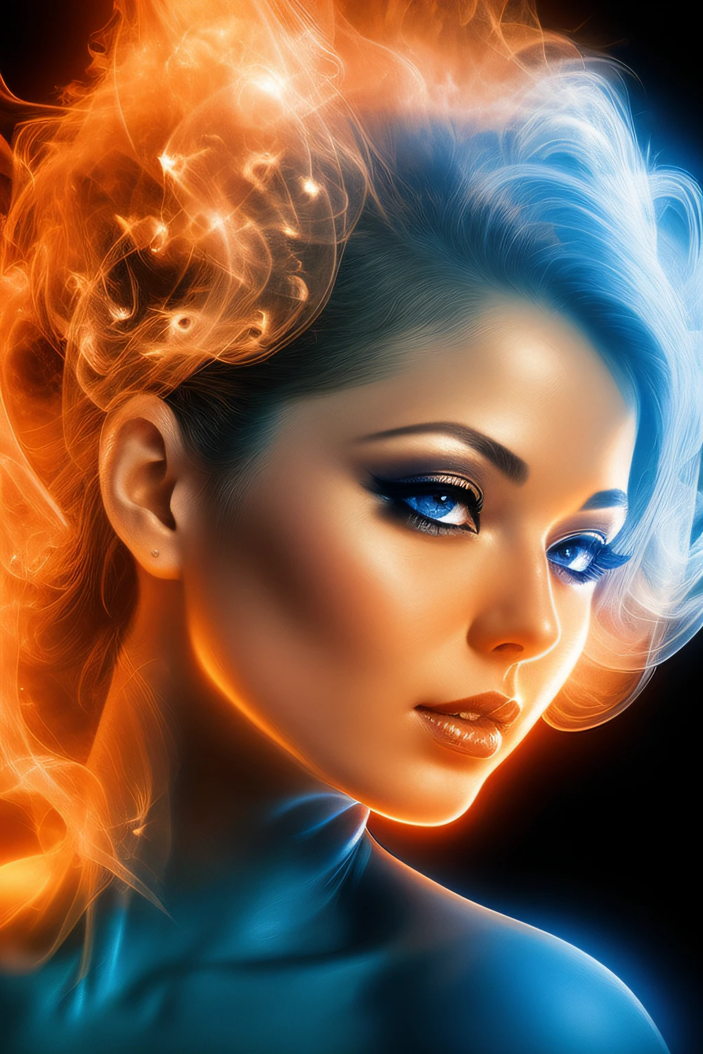 Large orange smoke、Screen full、One woman with orange fire smoke、Beautuful Women、爆乳、blue backdrop、glint、Laser beam、Irridescent color、Fractal Art、