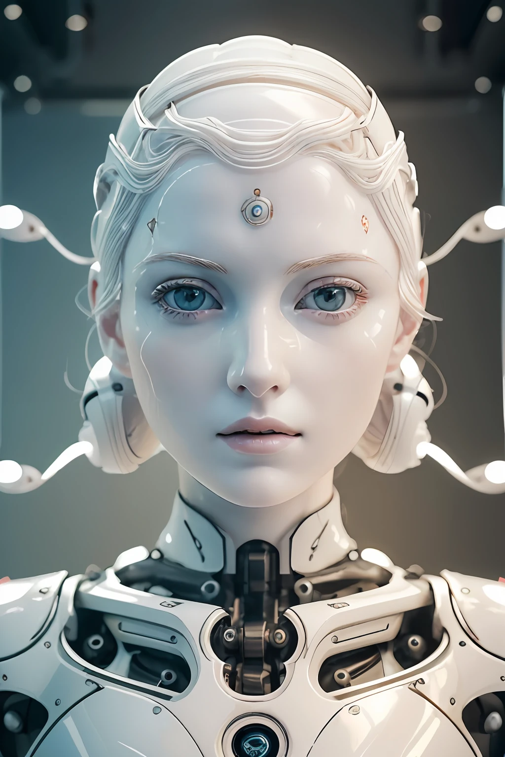 (8k, best quality, masterpiece:1.2), (realistic, photo-realistic:1.37), ultra-detailed, cinematic, beautiful female combat robot, Doll-like symmetrical face, (pale complexion:1.5), luminescent symbols and letters on the skin,