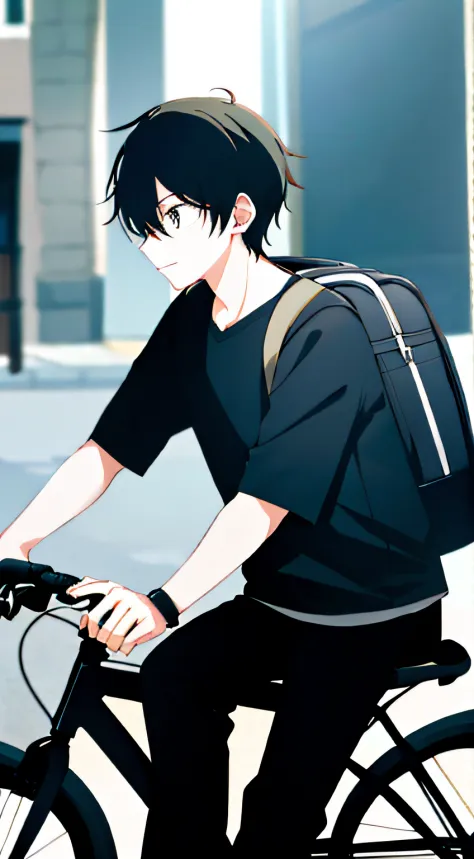 A man wears in the old town（black t-shirts，Long black pants）Riding a bicycle with a pale yellow backpack