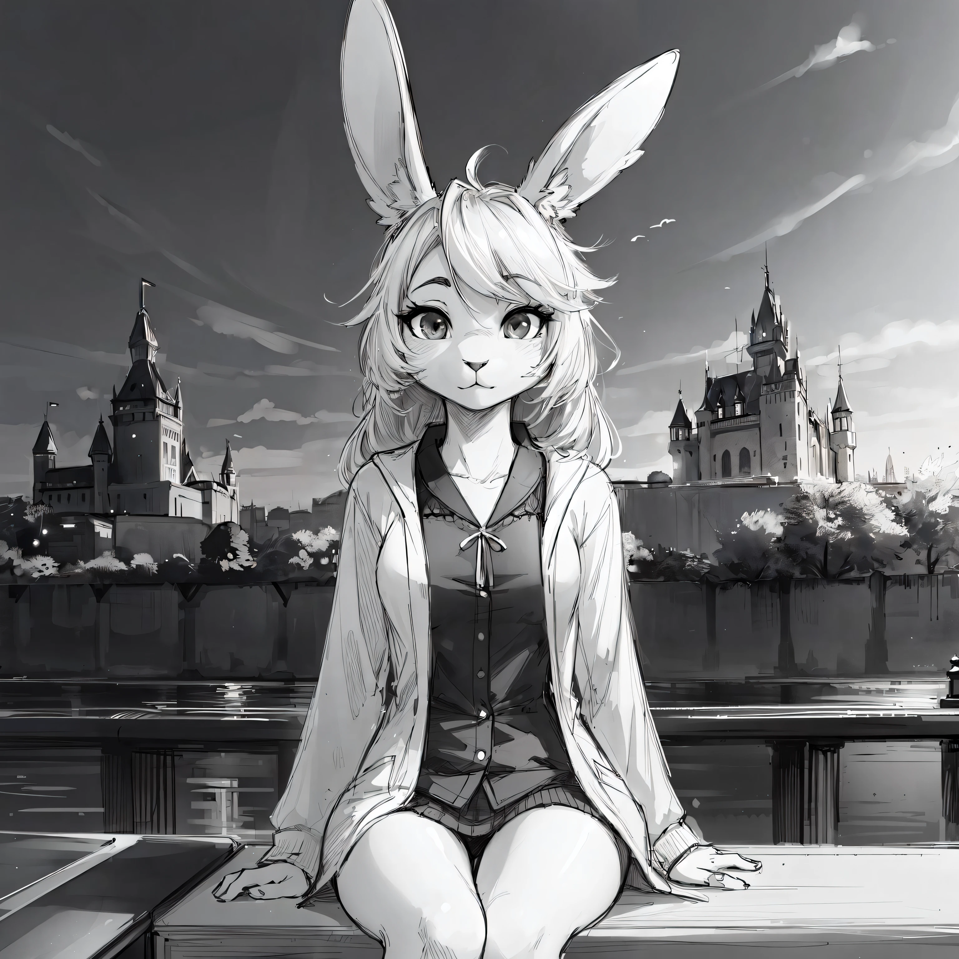 (chica antro conejo, orejas de conejo:1.2),, (1 chica) (bosquejo) (Sesión, __lugar__ fondo, __Ropa__, __Ropa__) Monocromo
