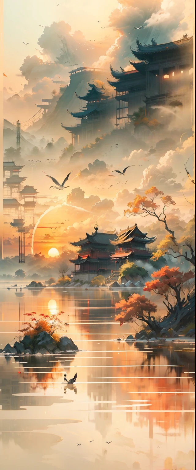 China 잉크 painting，잉크，노을과 외로운 학이 함께 날아가네，가을물은 오랫동안 그대로예요，고대시의 아름다움，지는 해，멀리 하늘을 나는 기러기들，고대건물이 흩어져있습니다