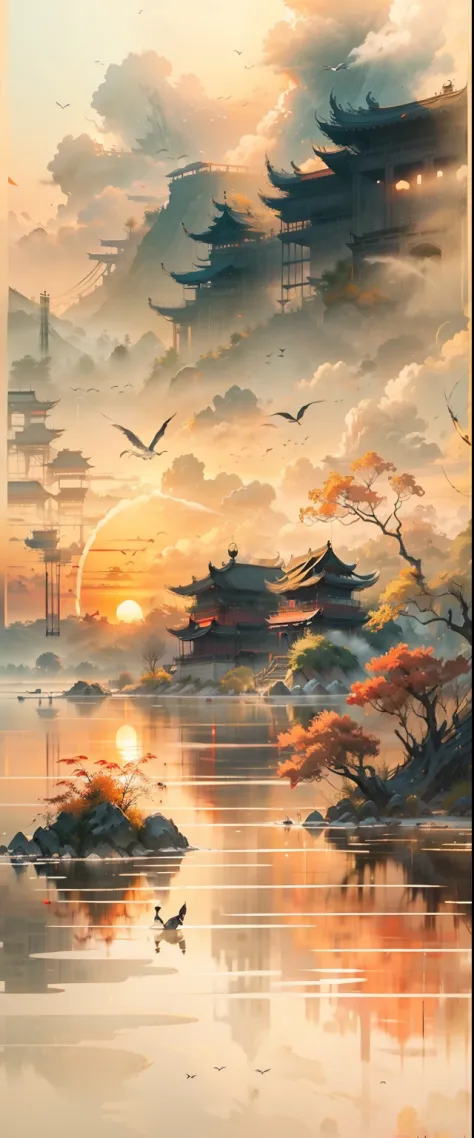 China ink painting，ink，The sunset and the solitary crane fly together，The autumn water is the same for a long time，The beauty of ancient poetry，the setting sun，Wild geese in the sky in the distance，Ancient buildings are scattered