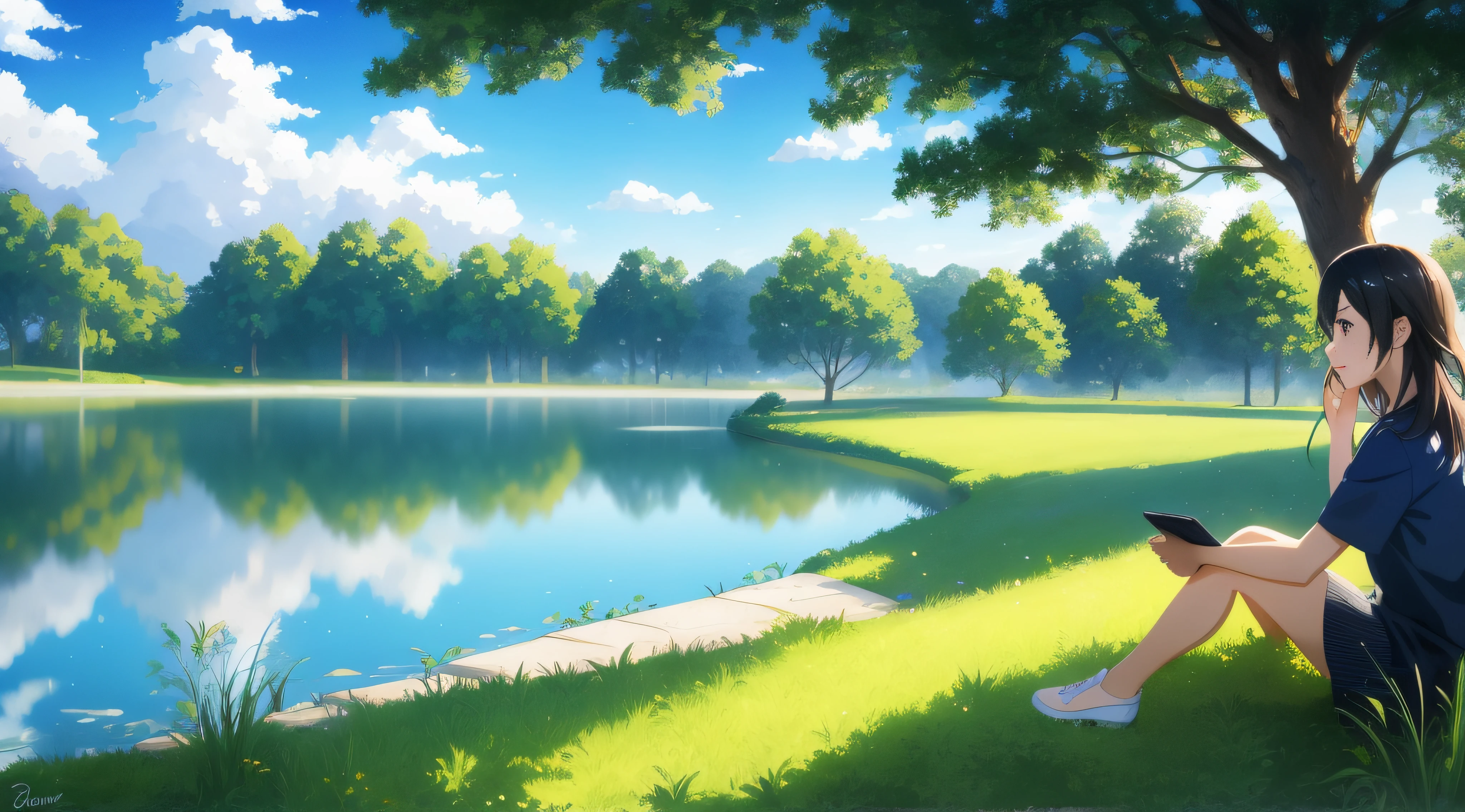 Anime girl assise sur l&#39;herbe au bord du lac, parlant au téléphone, dessiné dans un studio de peintre d&#39;anime, Makoto Shinkai Cyril Rolando, style artistique makoto shinkai, Oeuvre de style Guviz, réalisé avec le studio de peintre d&#39;anime, belle fille anime accroupie, style artistique d&#39;anime réaliste, Ilya Kuvshinov paysage, assis au bord d&#39;un étang