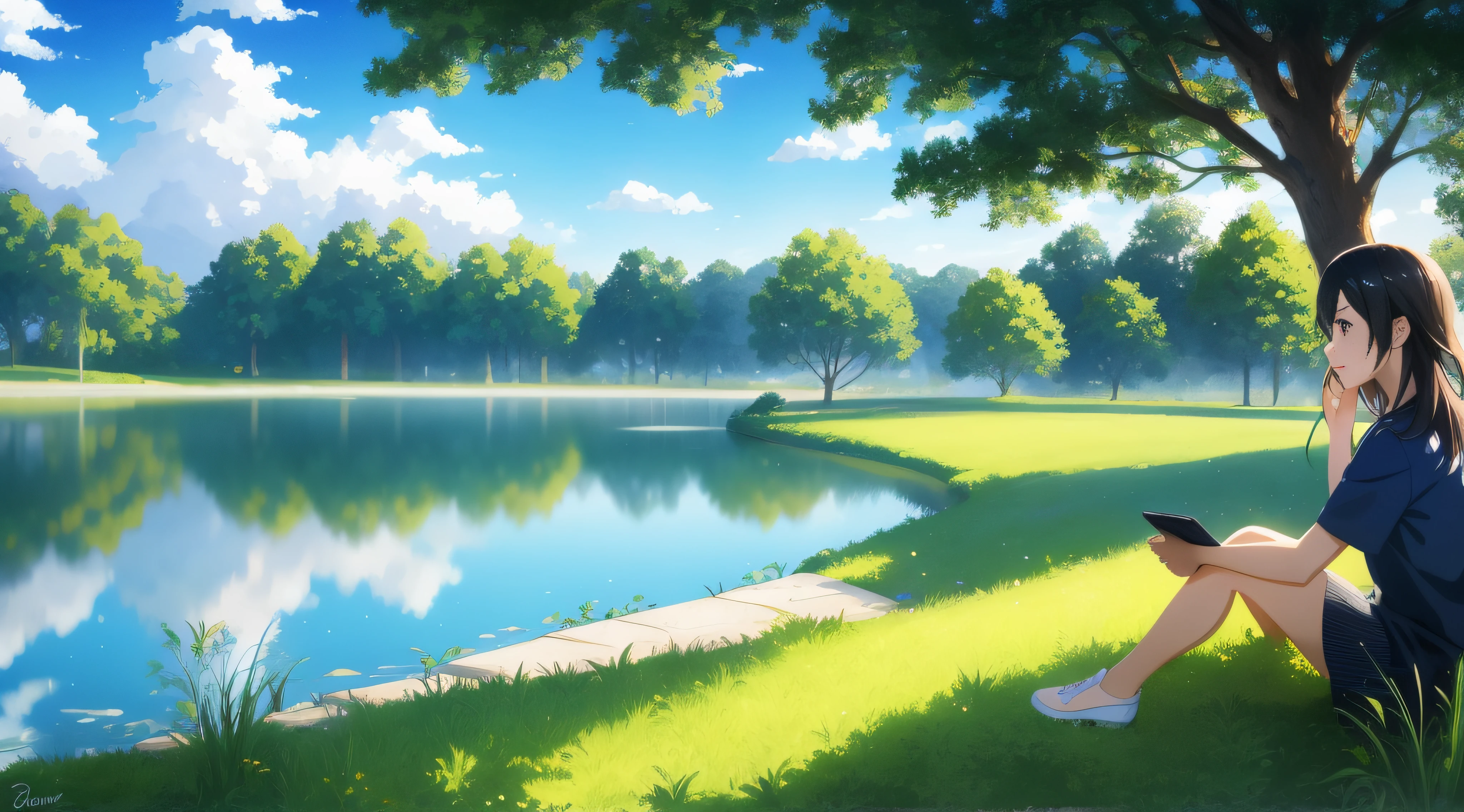 Chica anime sentada en el césped junto al lago hablando por teléfono, dibujado en el estudio de pintor de anime, Makoto Shinkai Cyril Rolando, Estilo artístico de Makoto Shinkai, Obra de arte estilo Guviz, hecho con estudio de pintor anime, hermosa chica anime agachada, estilo artístico anime realista, El paisaje de Iliá Kuvshinov, sentado en un estanque