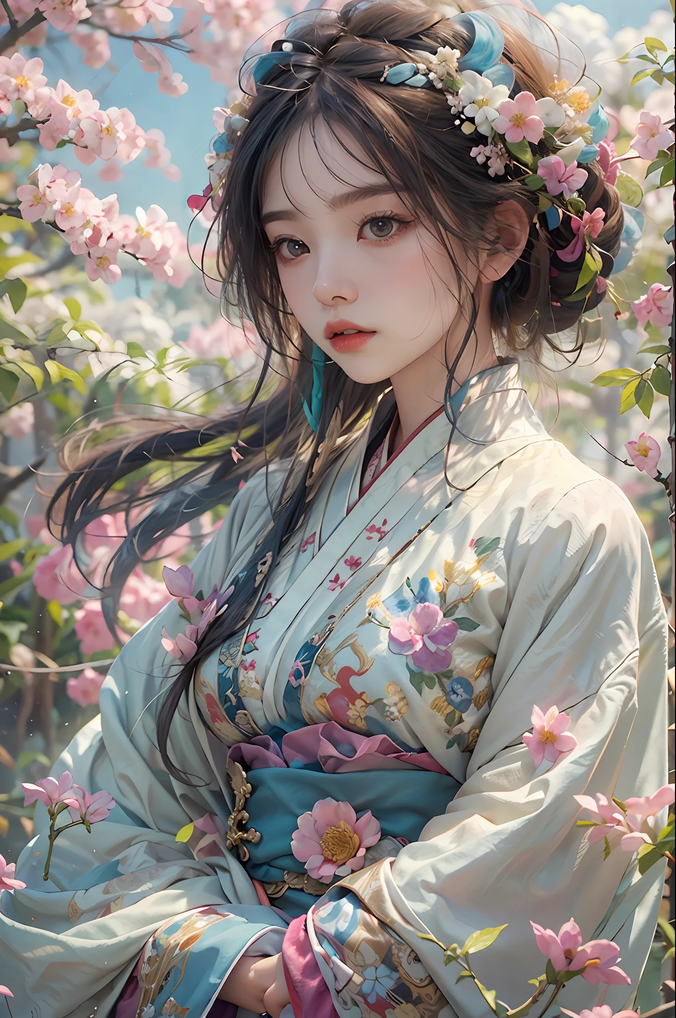 zhongfenghua, 1girl, (full body) solo, hanfu, flower field, blossom, (white smokes:1.3) (photorealistic:1.4), zentangle, mandala, entangle, official art, unity 8k wallpaper, ultra detailed, beautiful and aesthetic, masterpiece,best quality, (dynamic angle:1.4), glowing skin, (floating colorful sparkles:1) the most beautiful form of chaos, elegant, a brutalist designed, vivid colours, romanticism depth of field,