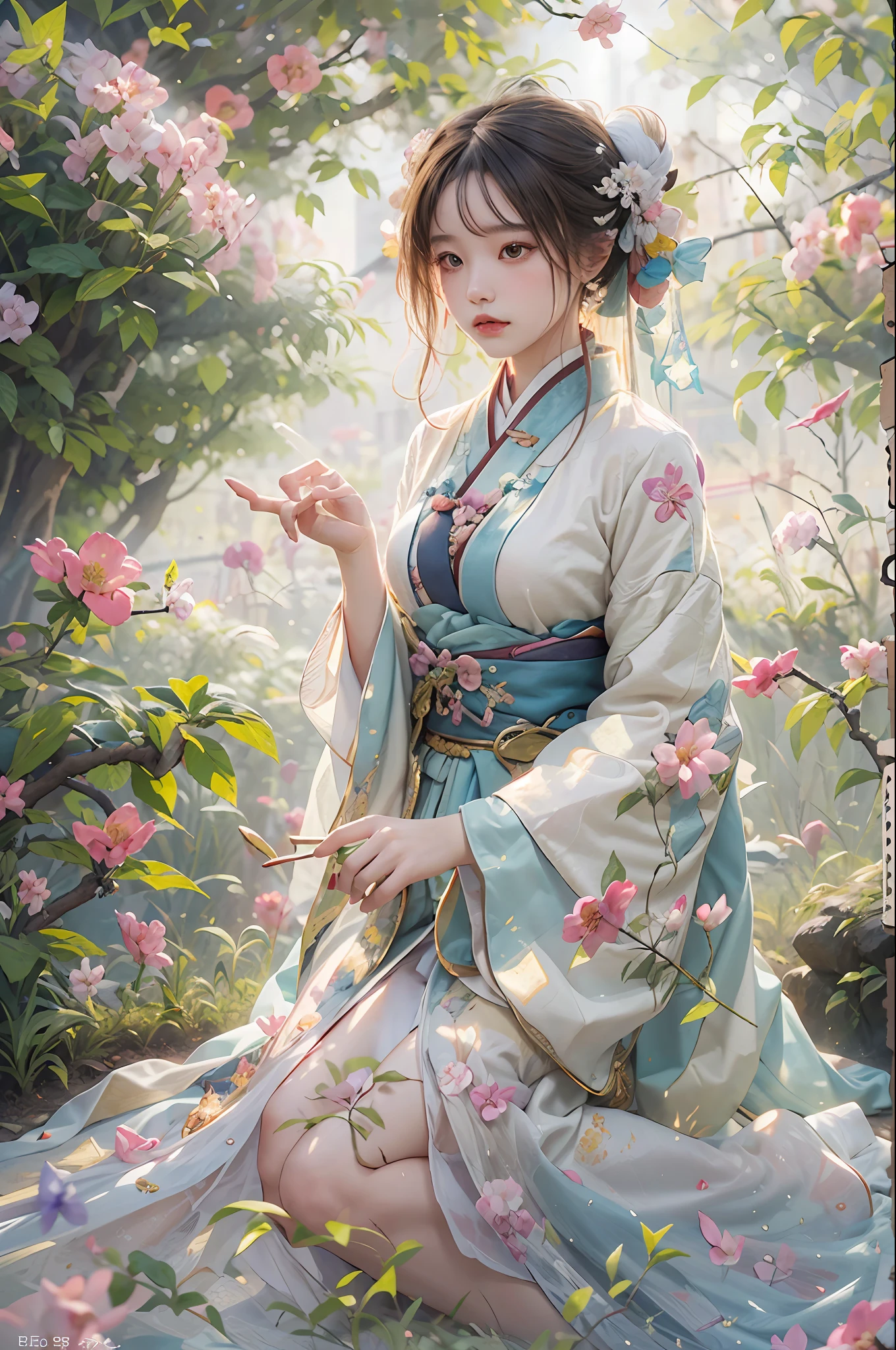 zhongfenghua, 1girl, (full body) solo, hanfu, flower field, blossom, (white smokes:1.3) (photorealistic:1.4), zentangle, mandala, entangle, official art, unity 8k wallpaper, ultra detailed, beautiful and aesthetic, masterpiece,best quality, (dynamic angle:1.4), glowing skin, (floating colorful sparkles:1) the most beautiful form of chaos, elegant, a brutalist designed, vivid colours, romanticism depth of field,