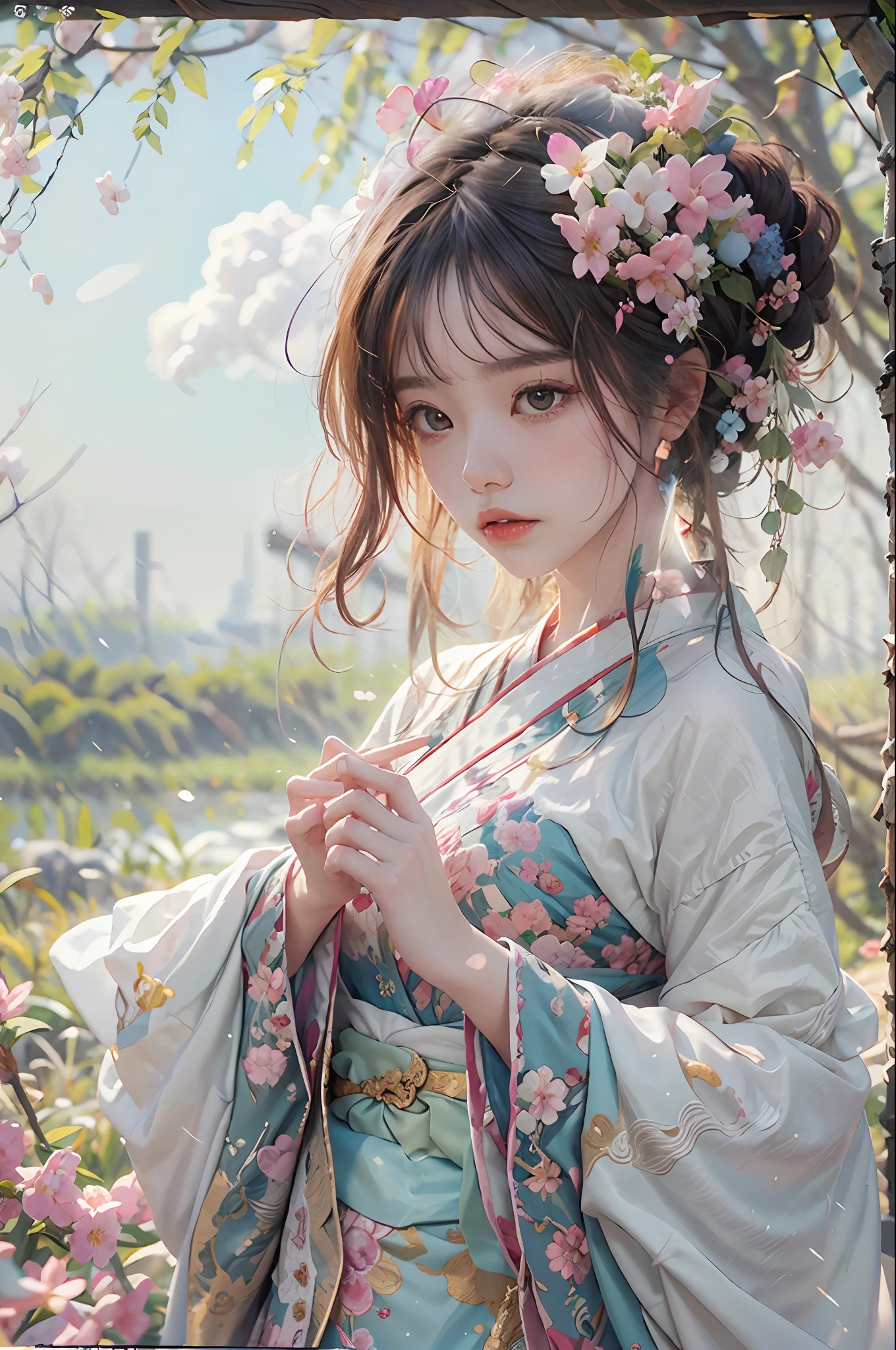 zhongfenghua, 1girl, (full body) solo, hanfu, flower field, blossom, (white smokes:1.3) (photorealistic:1.4), zentangle, mandala, entangle, official art, unity 8k wallpaper, ultra detailed, beautiful and aesthetic, masterpiece,best quality, (dynamic angle:1.4), glowing skin, (floating colorful sparkles:1) the most beautiful form of chaos, elegant, a brutalist designed, vivid colours, romanticism depth of field,