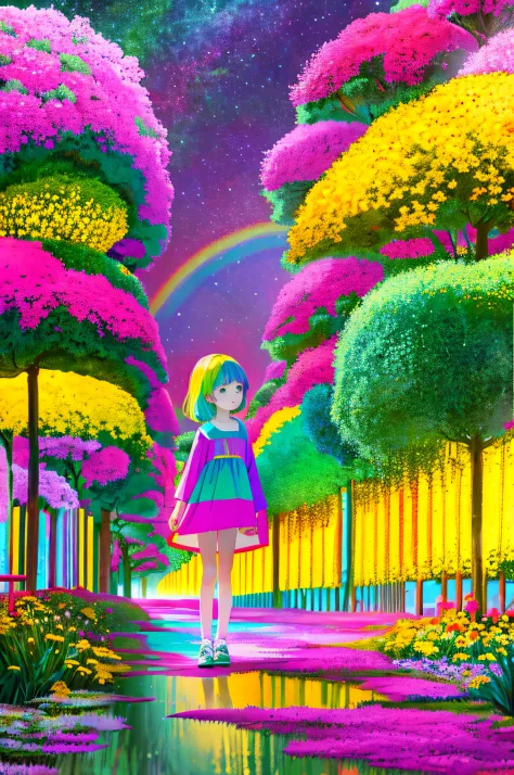 a color, limited palette, Colorful, scenery, 1girll, Rainbow, Green City,, Detailed background, Masterpiece, Best quality,，4 k h...