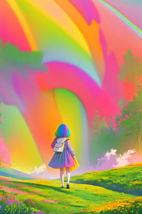 a color, limited palette, Colorful, scenery, 1girll, Rainbow, Green City,, Detailed background, Masterpiece, Best quality,，4 k h...