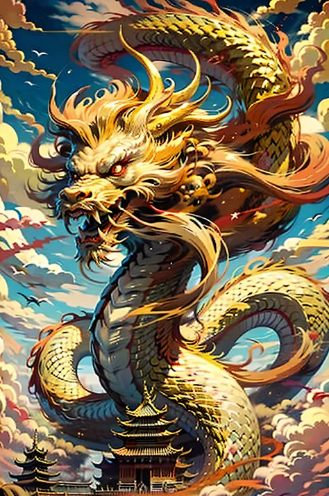 Best quality at best，tmasterpiece，超高分辨率，without humans，（The long：1.2），without humans，​​clouds，buliding，east asian architecture，red eyes，banya，with her mouth open，Skysky，fang，Golden Oriental Dragon，mostly cloudy sky，teeth，flight，firey，