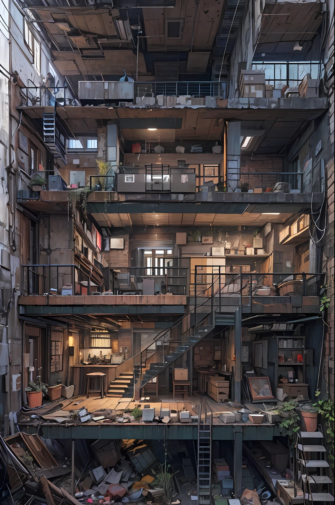 profile view（Interior of a four-story building）、Multiple rooms are neatly arranged，cyber punk perssonage、Waste soil style，（Conceptual digital art，The is very detailed，reasonable design，k hd，Best picture quality，tmasterpiece，超高分辨率，4K）