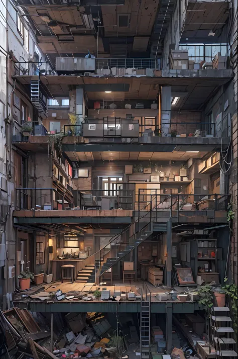 profile view（Interior of a four-story building）、Multiple rooms are neatly arranged，cyber punk perssonage、Waste soil style，（Conce...