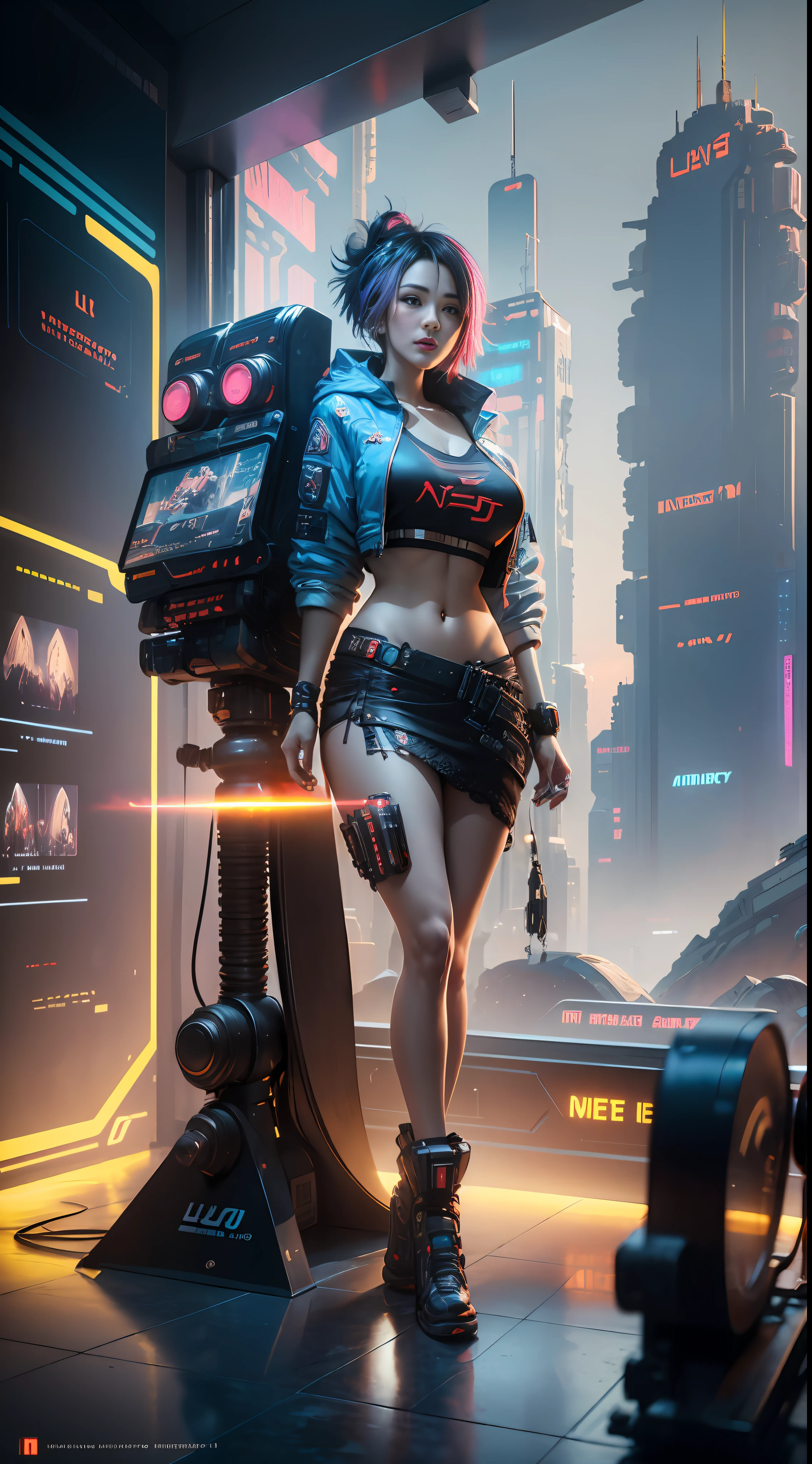 ((Best quality)), ((masterpiece)), (highly detailed:1.3), 3D, beautiful, (cyberpunk:1.6), in space, nebulous, (holding_weapon:1.3), laser, (1Female mecha:1.3), sexy bulky body, facing the audience, clear bright eyes, full body, (flying, descending, dynamic, motion blur: 1.4), (huge wings of mechs: 1.6), looking up, glowing_eyes, mecha, panorama, background is earth, nebula,  Space, Particles, Reality, HDR (High Dynamic Range), Ray Tracing, NVIDIA RTX, Super Resolution, Unreal 5, Subsurface Scattering, PBR Textures, Post-Processing, Anisotropic Filtering, Depth of Field, Maximum Clarity and Clarity, Multilayer Textures, Albedo and Specular Maps, Surface Shading, Accurate Simulation of Light-Material Interaction, Perfect Proportions, Octane Render, Two-Tone Lighting, Large Aperture, Low ISO, White Balance,  rule of thirds, 8K RAW, efficient sub-pixel, sub-pixel volume product, (best quality), (Japanese: 0.5), (Korean: 0.8), (Liu Yi Fei: 1.5) short blue hair, (big chest: 1.2), (underboob: 1.5), (pink transparent lace mini skirt: 1.5)