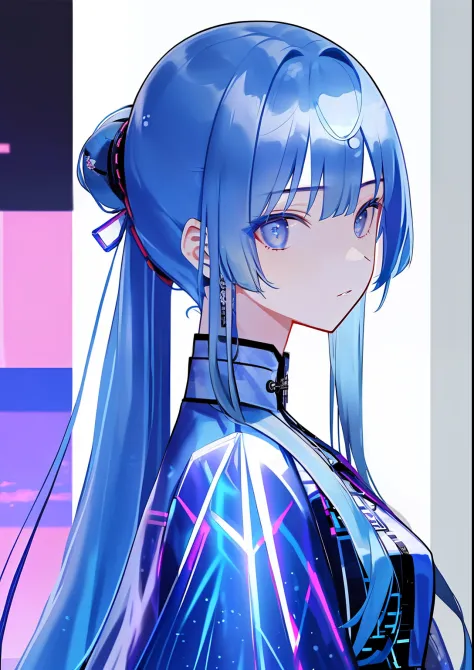 best quality, masterpiece, 超高分辨率, 1girll, blue hair, cyberpunk, holograph, transparent, city, toplight, view the viewer, very lo...