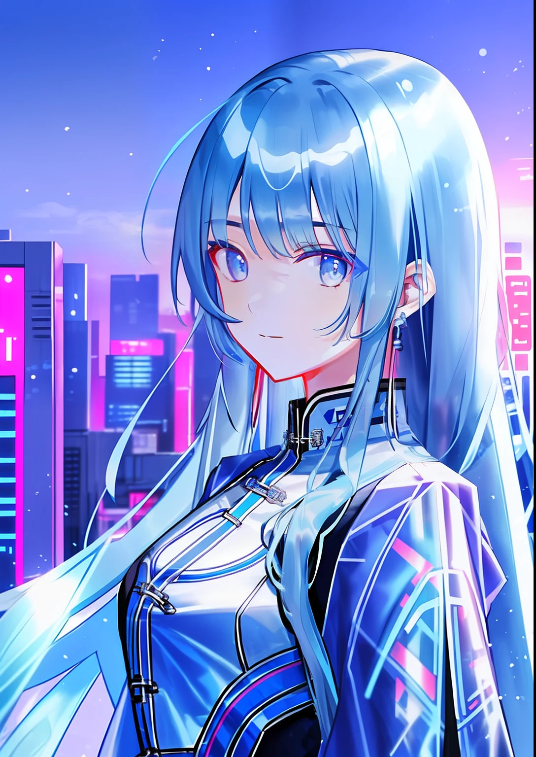 Best quality, Masterpiece, 超高分辨率, 1girll, Blue hair, Cyberpunk, holograph, Transparent, City, toplight, view the viewer, Very long hair, Portrait,