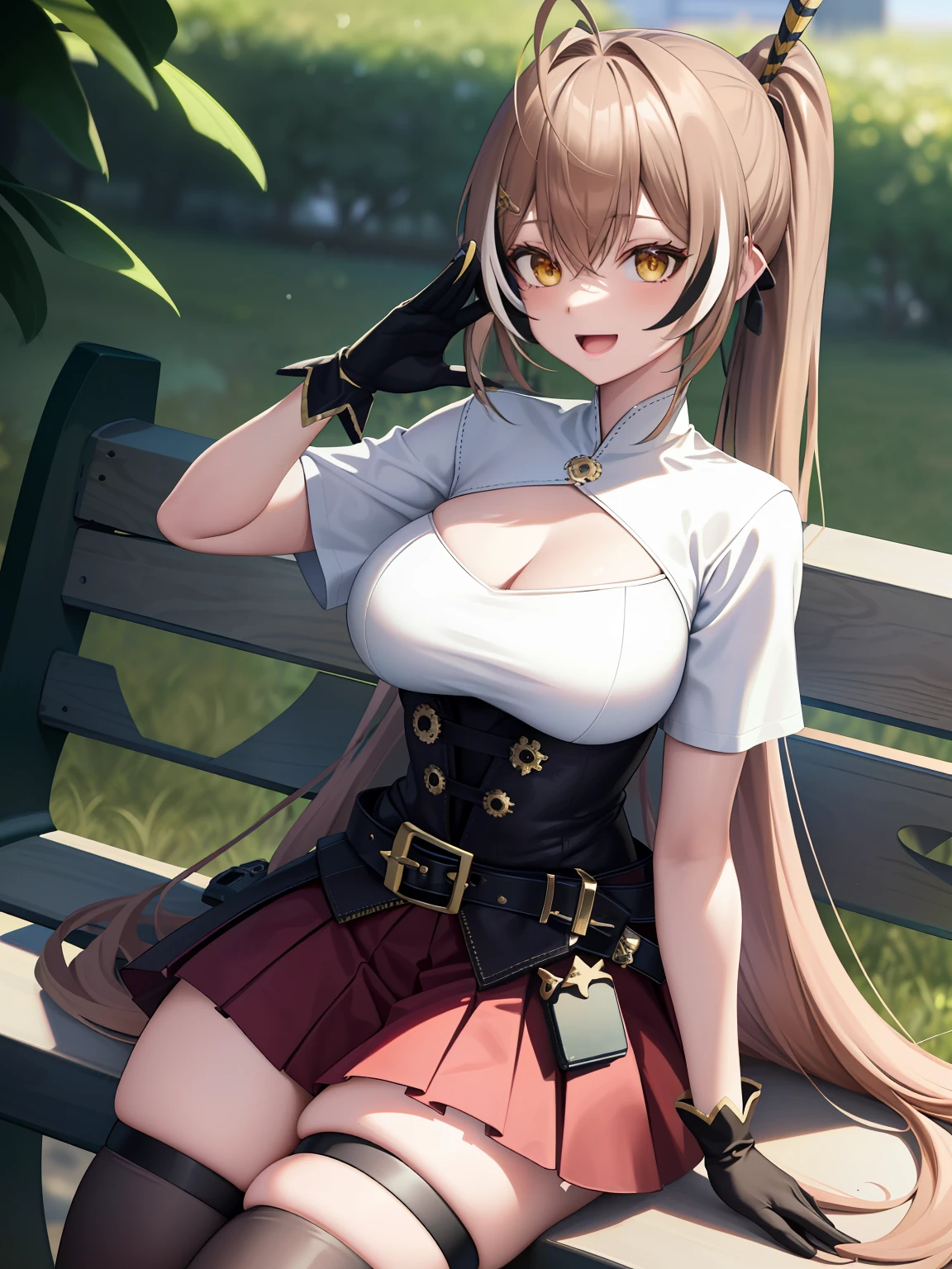 2D, Masterpiece, Best quality, anime big breast, Highly detailed face, highly details eye, highly detailed back ground, Perfect lighting, full bodyesbian, 1girll, Solo, nanashi mumei, Sitting, Waving, park bench, tree, (From the side Side:0.7), shirt, Corset, cleavage cutout, single thighhigh, Red skirt, knife, belt, Partially fingerless gloves, hair pin, feater, pony tails, Very long hair, :d full of bubbles fluffy summer sport T-beam space background cyberpunk fashion single design space background ((yellow navy: 1.3) + (Fashion: 1.1) + (Trendy: 1.2)), (perpect nike mark), (corona rendered), ((Summer sports T-Hu concept + concept art design): 1.3), (8K: 1.3), (2:3 aspect ratio + Warm color Q2), (750 pixels), ((fashion elements) :(1.1+ Yellow navy blue T-shirt，fashion elements)), (dynamics: 5)