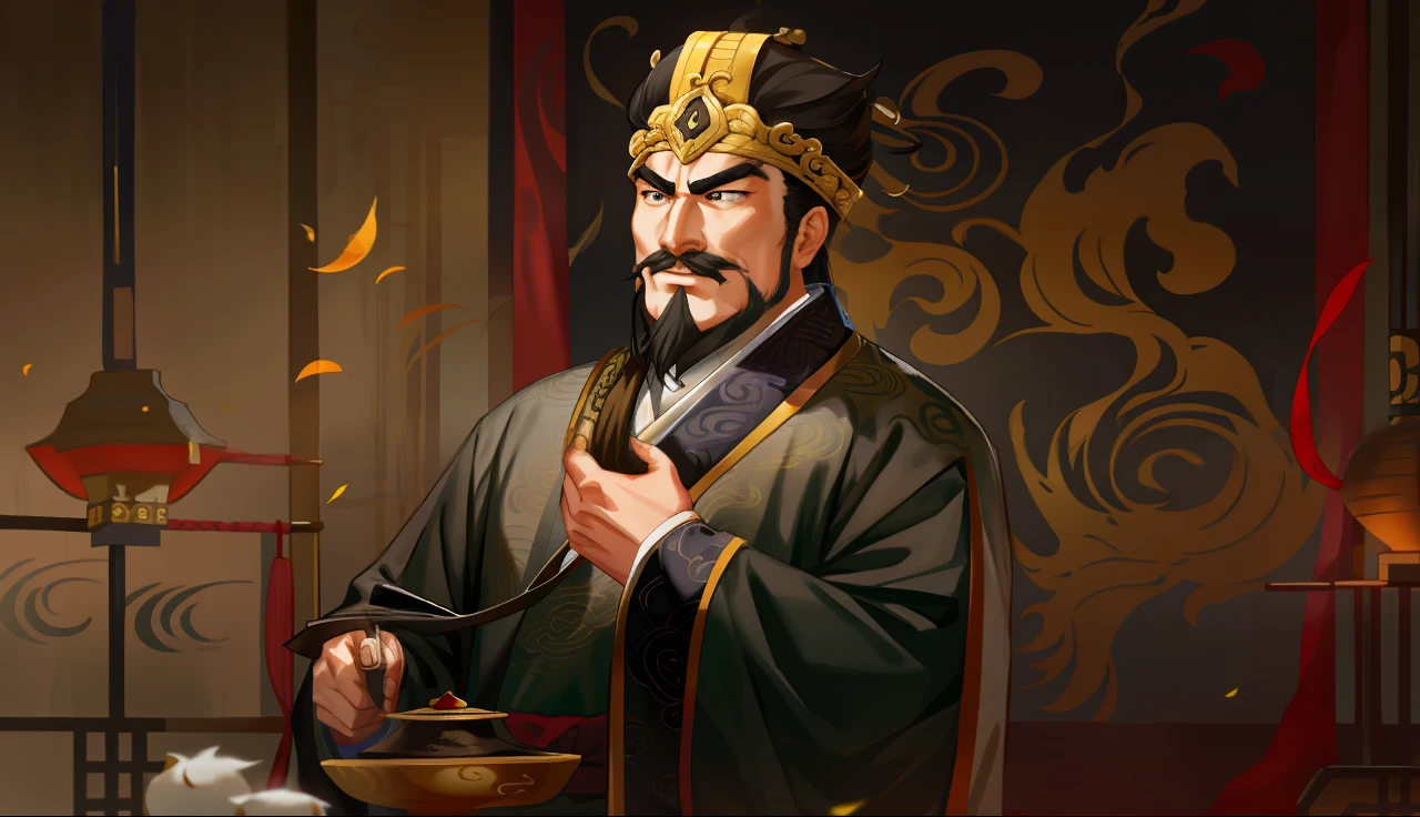 아라파드의 이미지는 검은색과 금색 옷을 입은 남자의 이미지이다, inspired by Xuande 황제, 리칸에게 영감을 받아, 비안 리안, 화청, 바오프난, 후자오빈에게서 영감을 받아, 콴홍, 조즈바이에게 영감을 받아, 왕실 황제, 동위안에게 영감을 받아, Huang Ding에게서 영감을 받은 곡, 황제, 중국 삼국지, 리앙 싱