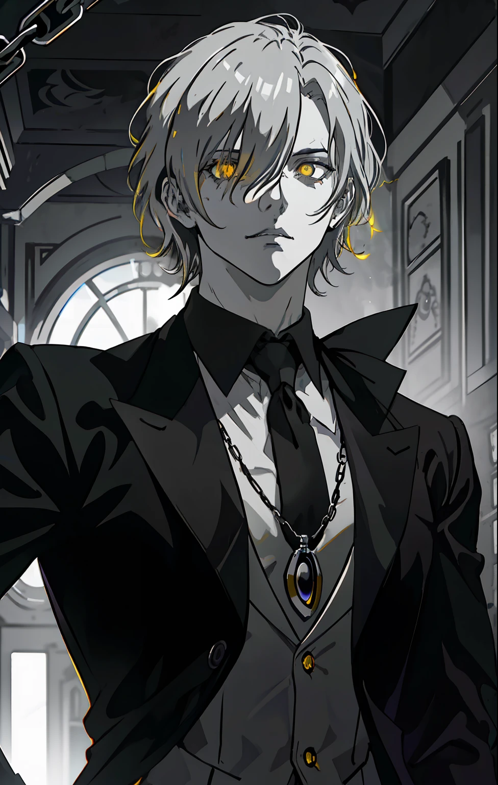 masterpiece, best quality, high quality, 1boy, solo, male focus, looking at viewer, upper body, silver hair, hair_over_one_eye, scar, (yellow eyes, glowing eyes, glow eyes), mangastyle, grey background, (b&w), classic, realistic beautiful eyes, (black and white), bird, crow, chain, villain, darkness, dynamic poses, dynamic pose, butler
